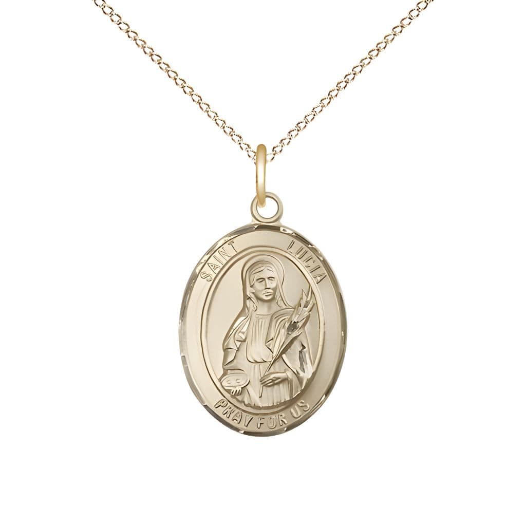 Bliss St.  Lucia of Syracuse  14kt Gold Oval Medal Pendant with 14kt Gold Chain, Measures 3/4-inch tall by 1/2-inch wide.