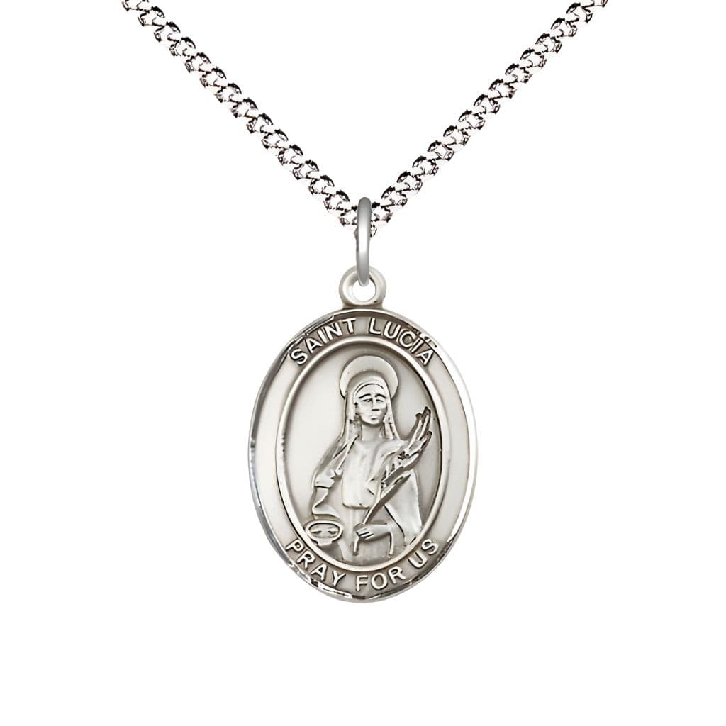 Bliss St.  Lucia of Syracuse  Pewter Oval Medal Pendant with Rhodium-plated Chain, Measures 3/4-inch tall by 1/2-inch wide.