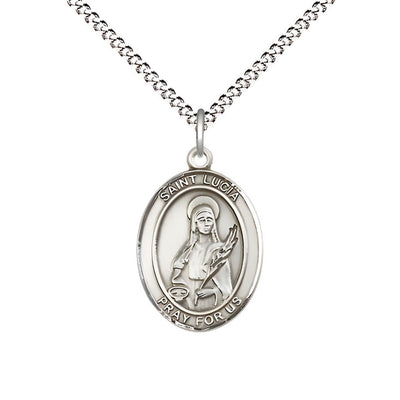 St. Lucia of Syracuse Pewter Oval Medal Pendant with Rhodium-plated Chain, Measures 3/4-inch tall by 1/2-inch wide, Bliss Manufacturing