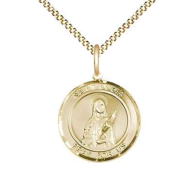 St. Lucia of Syracuse 14kt Gold-filled Round Medal Pendant with Gold-plated Chain, Measures 3/4-inch tall by 5/8-inch wide, Bliss Manufacturing