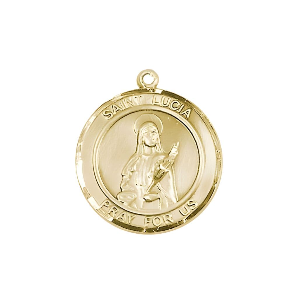 Bliss St.  Lucia of Syracuse  14kt Gold Round Medal Pendant, Measures 3/4-inch tall by 5/8-inch wide.