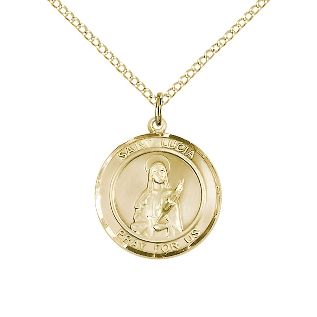 Bliss St.  Lucia of Syracuse  14kt Gold Round Medal Pendant with 14kt Gold Chain, Measures 3/4-inch tall by 5/8-inch wide.