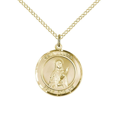 St. Lucia of Syracuse 14kt Gold Round Medal Pendant with 14kt Gold Chain, Measures 3/4-inch tall by 5/8-inch wide, Bliss Manufacturing