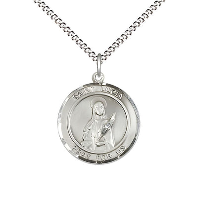 St. Lucia of Syracuse Sterling Silver Round Medal Pendant with Rhodium-plated Chain, Measures 3/4-inch tall by 5/8-inch wide, Bliss Manufacturing