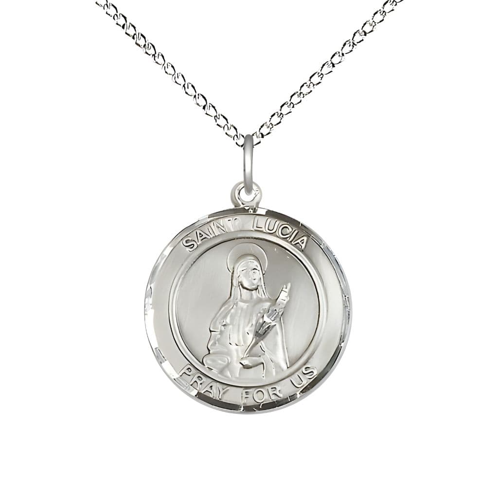 Bliss St.  Lucia of Syracuse  Sterling Silver Round Medal Pendant with Sterling Silver Chain, Measures 3/4-inch tall by 5/8-inch wide.