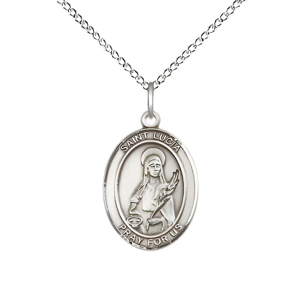 Bliss St.  Lucia of Syracuse  Sterling Silver Oval Medal Pendant with Sterling Chain, Measures 3/4-inch tall by 1/2-inch wide.