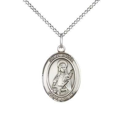 St. Lucia of Syracuse Sterling Silver Oval Medal Pendant with Sterling Chain, Measures 3/4-inch tall by 1/2-inch wide, Bliss Manufacturing