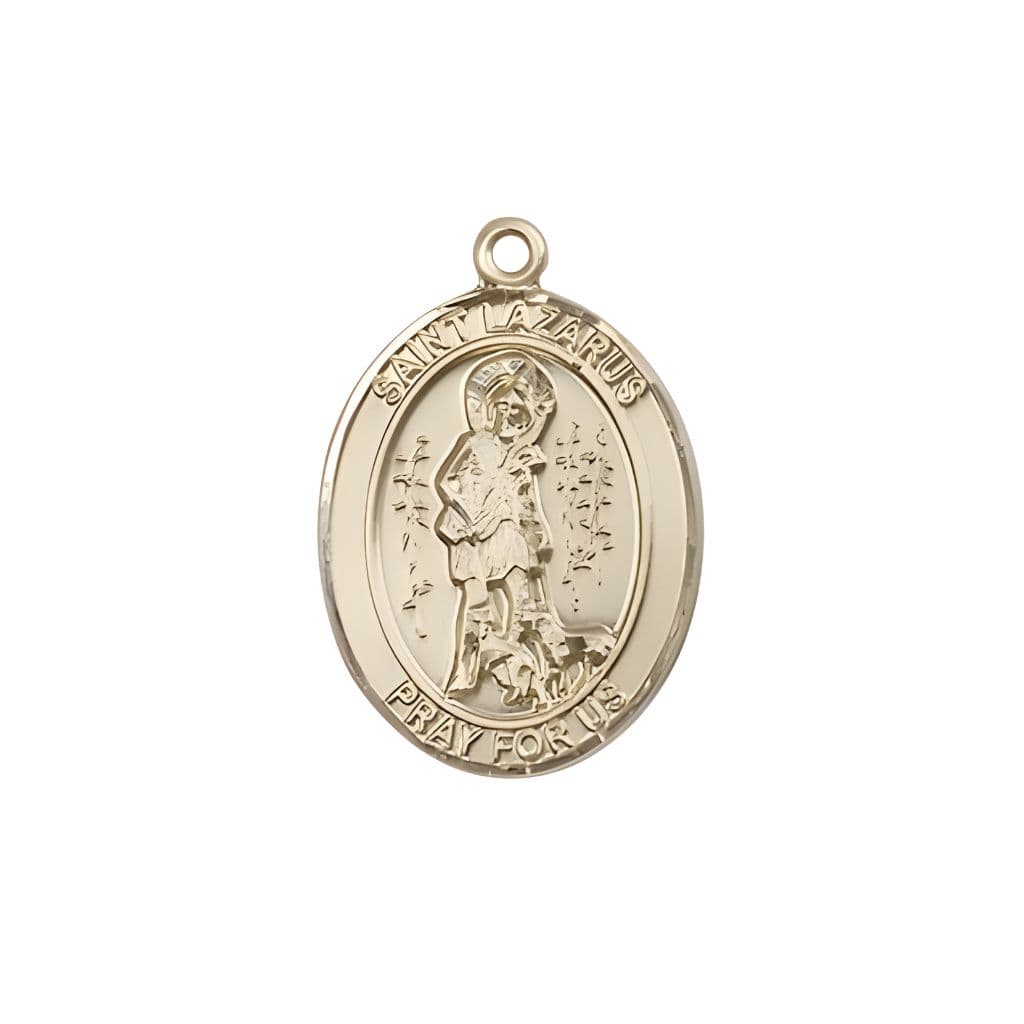 Bliss St. Lazarus 14kt Gold Oval Medal Pendant, Measures 3/4-inch tall by 1/2-inch wide.