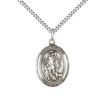 St. Lazarus Pewter Oval Medal Pendant with Rhodium-plated Chain, Measures 3/4-inch tall by 1/2-inch wide, Bliss Manufacturing