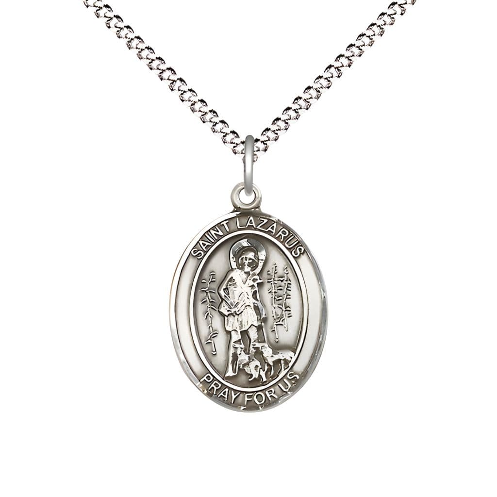 Bliss St. Lazarus Sterling Silver Oval Medal Pendant with Rhodium-plated Chain, Measures 3/4-inch tall by 1/2-inch wide.