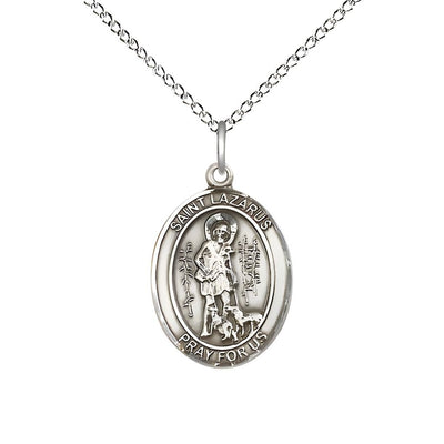 St. Lazarus Sterling Silver Oval Medal Pendant with Sterling Chain, Measures 3/4-inch tall by 1/2-inch wide, Bliss Manufacturing