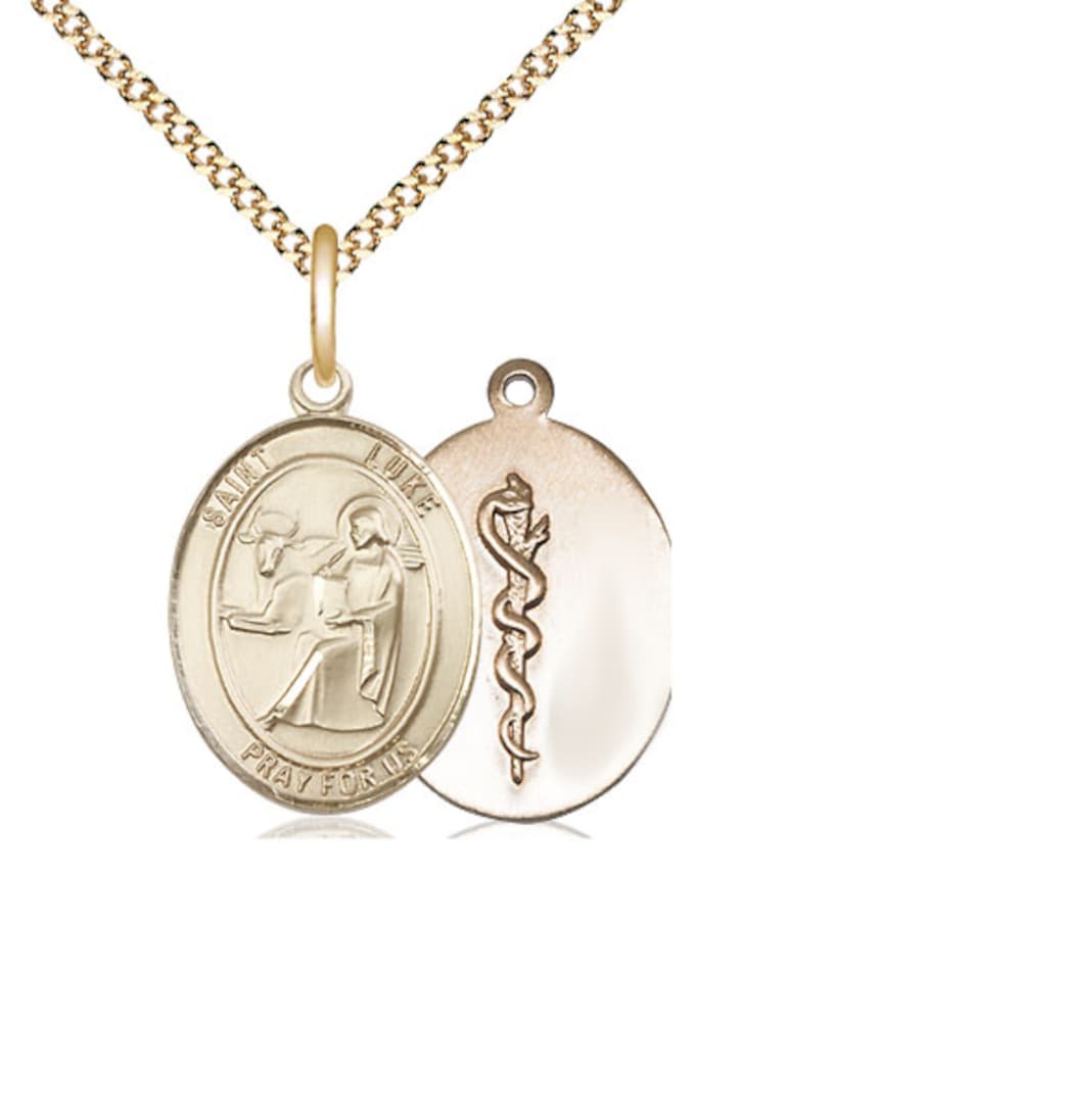 Bliss St Luke the Apostle with Doctor Symbol Gold-filled Medium Medal with Plated Chain,