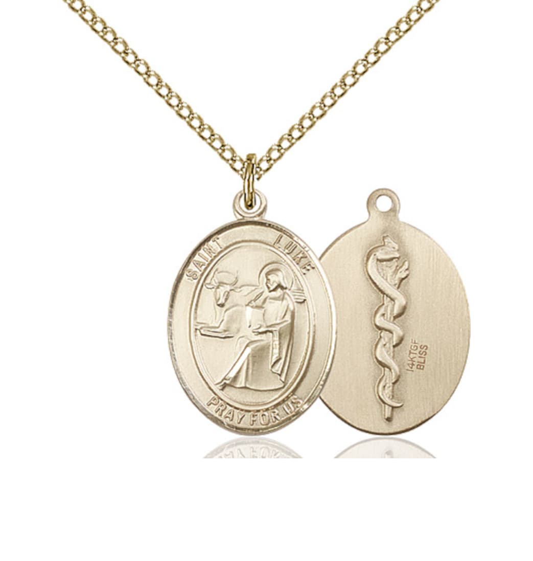 Bliss St Luke the Apostle with Doctor Symbol Gold-filled Medium Medal with Gold-filled Chain,