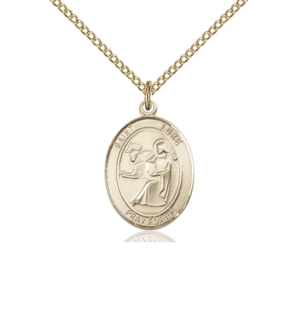 Bliss St Luke the Apostle Gold-filled Medium Oval Engravable Medal Necklace with Gold-filled Chain,