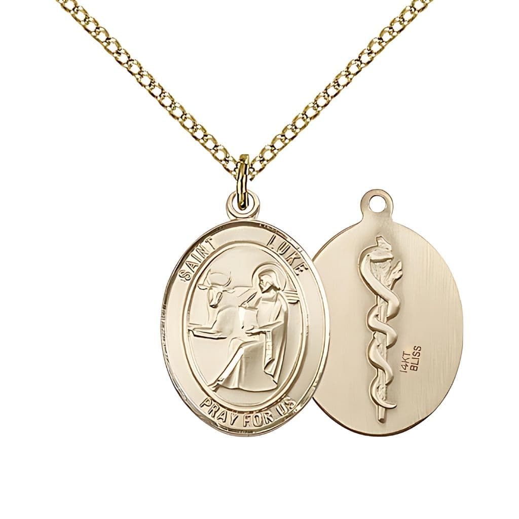 Bliss St. Luke the Apostle Doctor 14kt Gold Oval Medal Pendant with 14kt Gold Chain, Measures 3/4-inch tall by 1/2-inch wide.