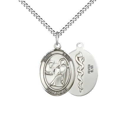 St. Luke the Apostle Doctor Pewter Oval Medal Pendant with Rhodium-plated Chain, Measures 3/4-inch tall by 1/2-inch wide, Bliss Manufacturing