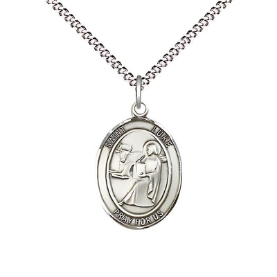 St. Luke the Apostle Pewter Oval Medal Pendant with Rhodium-plated Chain, Measures 3/4-inch tall by 1/2-inch wide, Bliss Manufacturing