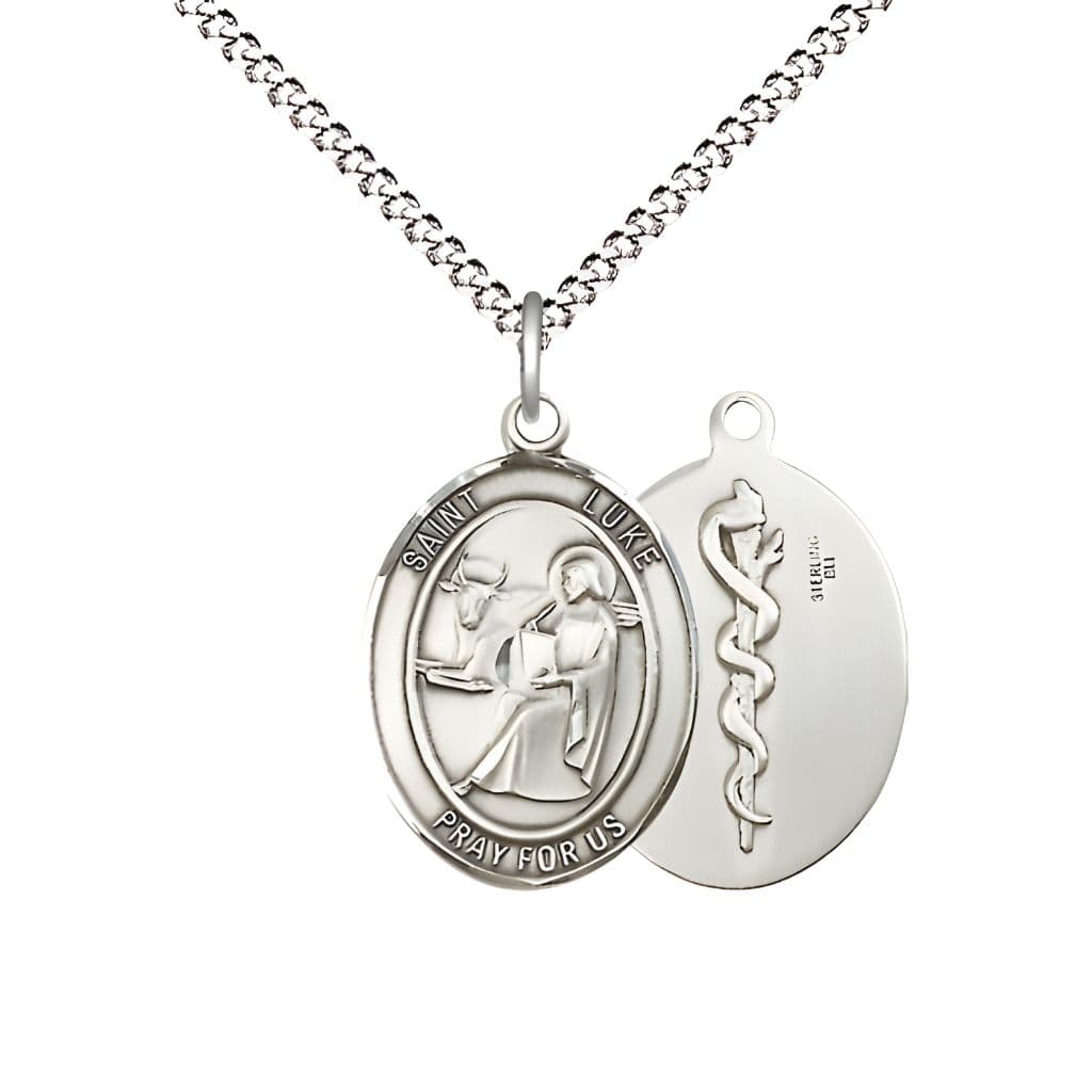 Bliss St. Luke the Apostle Sterling Silver Oval Medal Pendant with Rhodium-plated Chain, Measures 3/4-inch tall by 1/2-inch wide.