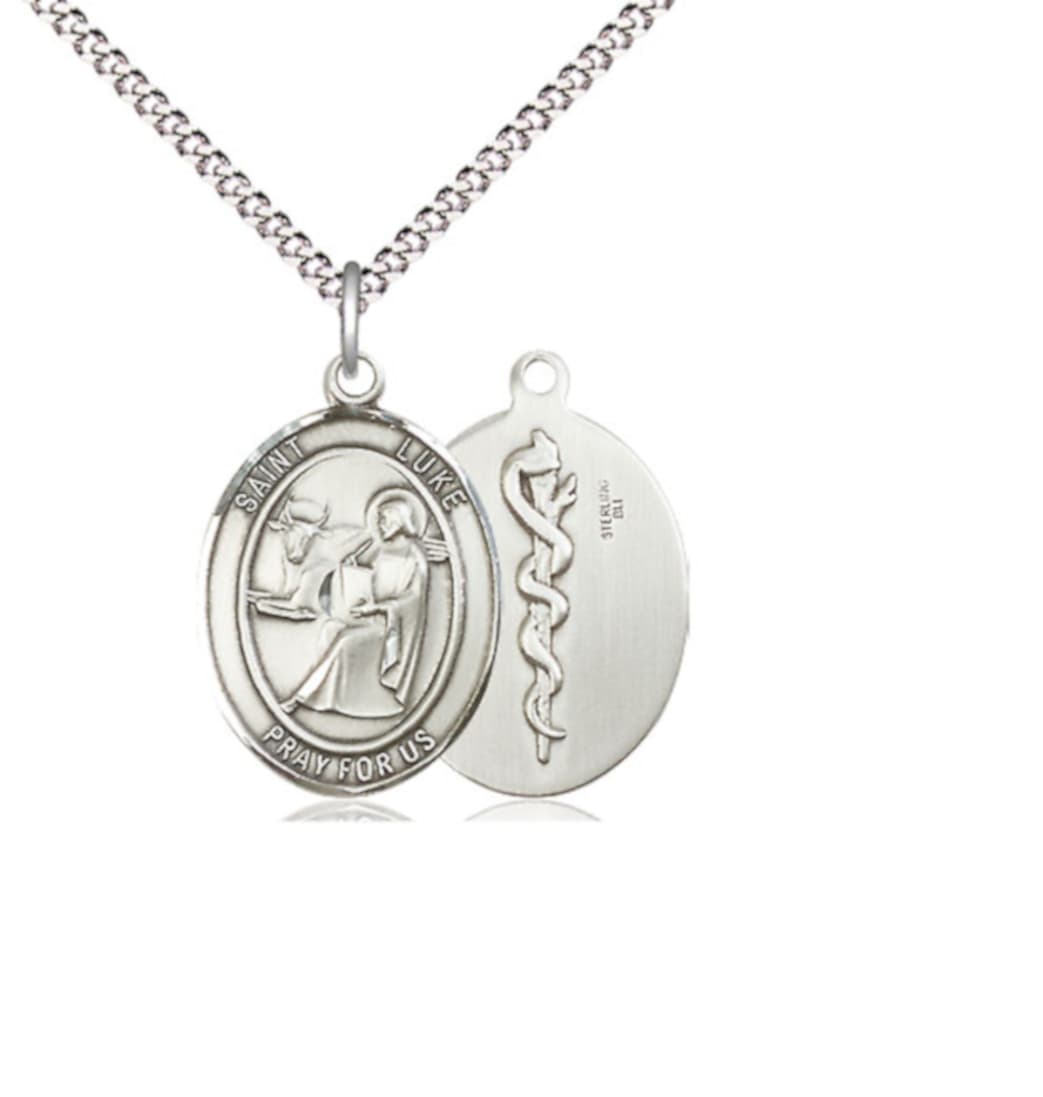 Bliss St Luke the Apostle with Doctor Symbol Sterling Silver Medium Medal with Plated Chain,