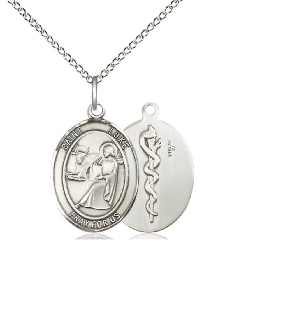 Bliss St Luke the Apostle with Doctor Symbol Sterling Silver Medium Medal with Sterling Silver Chain,