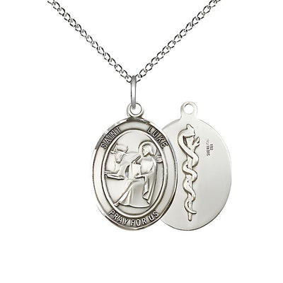 St. Luke the Apostle Doctor Sterling Silver Oval Medal Pendant with Sterling Chain, Measures 3/4-inch tall by 1/2-inch wide, Bliss Manufacturing