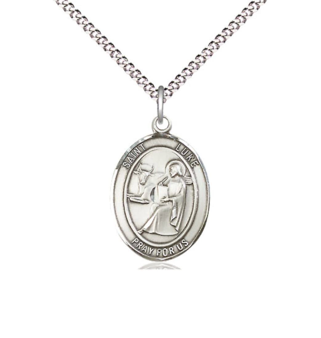 Bliss St Luke the Apostle Sterling Silver Medium Oval Engravable Medal Necklace with Plated Chain,