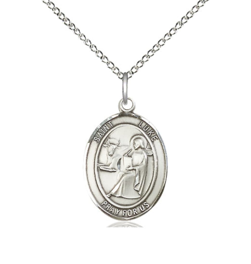 Bliss St Luke the Apostle Sterling Silver Medium Oval Engravable Medal Necklace with Sterling Silver Chain,