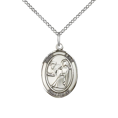 St. Luke the Apostle Sterling Silver Oval Medal Pendant with Sterling Chain, Measures 3/4-inch tall by 1/2-inch wide, Bliss Manufacturing
