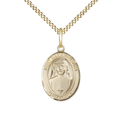 St. Maria Faustina 14kt Gold-filled Oval Medal with Gold-plated Chain, USA Made, 3/4-inch tall by 1/2-inch wide, Bliss Manufacturing