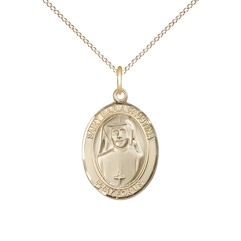 Bliss St. Maria Faustina 14kt Gold Oval Medal with 14kt Gold Chain, USA Made, 3/4-inch tall by 1/2-inch wide