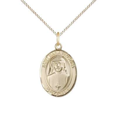St. Maria Faustina 14kt Gold Oval Medal with 14kt Gold Chain, USA Made, 3/4-inch tall by 1/2-inch wide, Bliss Manufacturing
