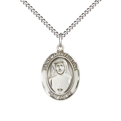 St. Maria Faustina Pewter Oval Medal with Rhodium-plated Chain, USA Made, 3/4-inch tall by 1/2-inch wide, Bliss Manufacturing