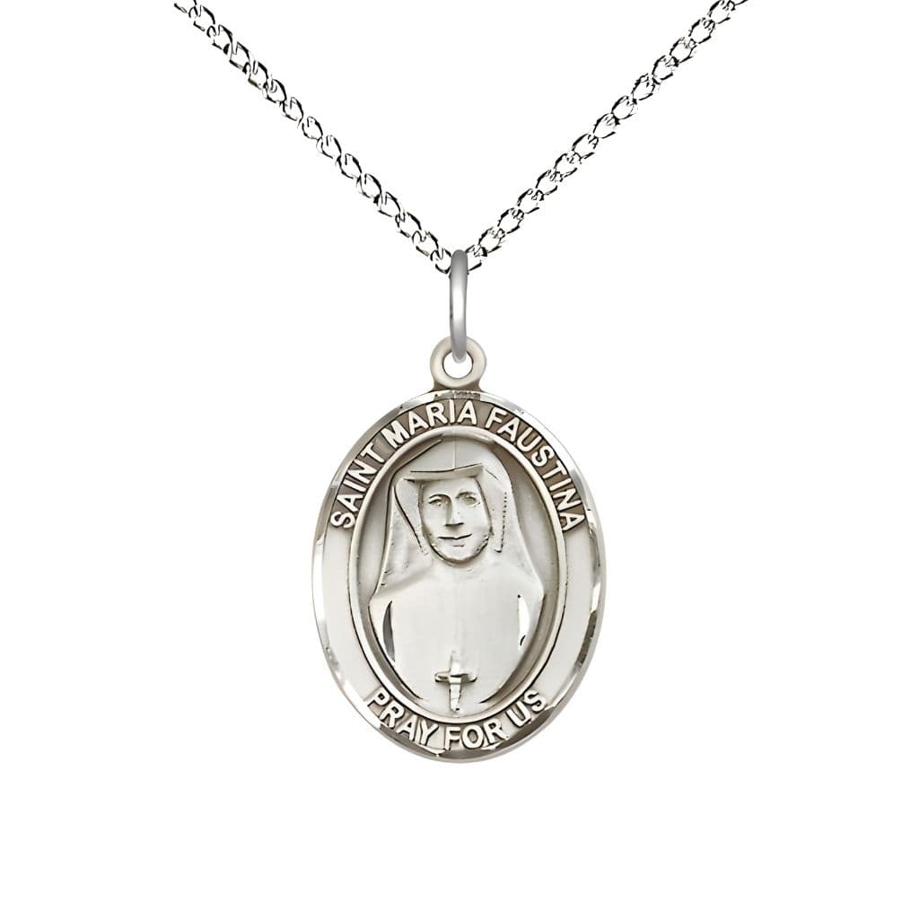 Bliss St. Maria Faustina Sterling Silver Oval Medal with Sterling Silver Chain, USA Made, 3/4-inch tall by 1/2-inch wide