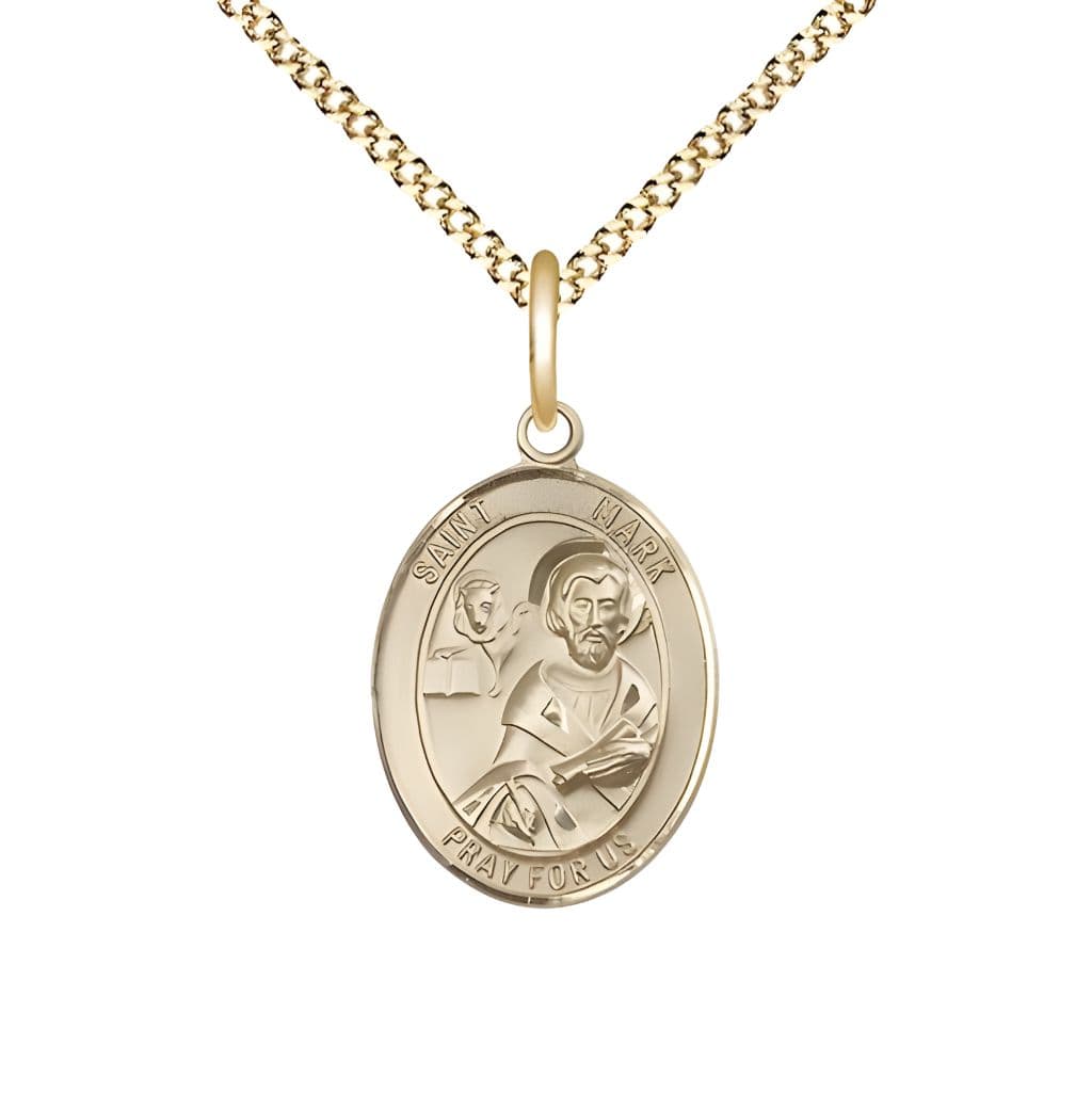 Bliss St. Mark the Evangelist 14kt Gold-filled Oval Medal Pendant with Gold-plated Chain, Measures 3/4-inch tall by 1/2-inch wide.