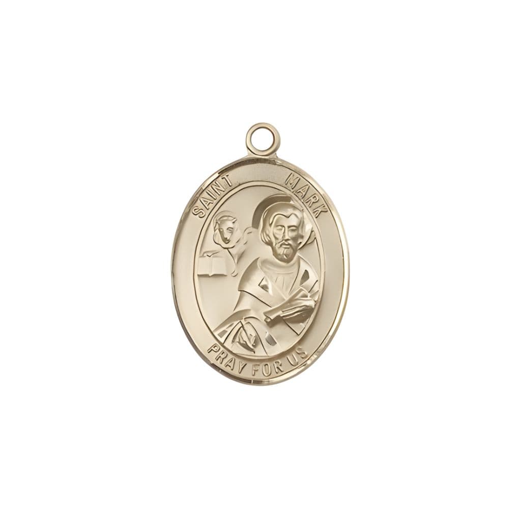 Bliss St. Mark the Evangelist 14kt Gold Oval Medal Pendant, Measures 3/4-inch tall by 1/2-inch wide.
