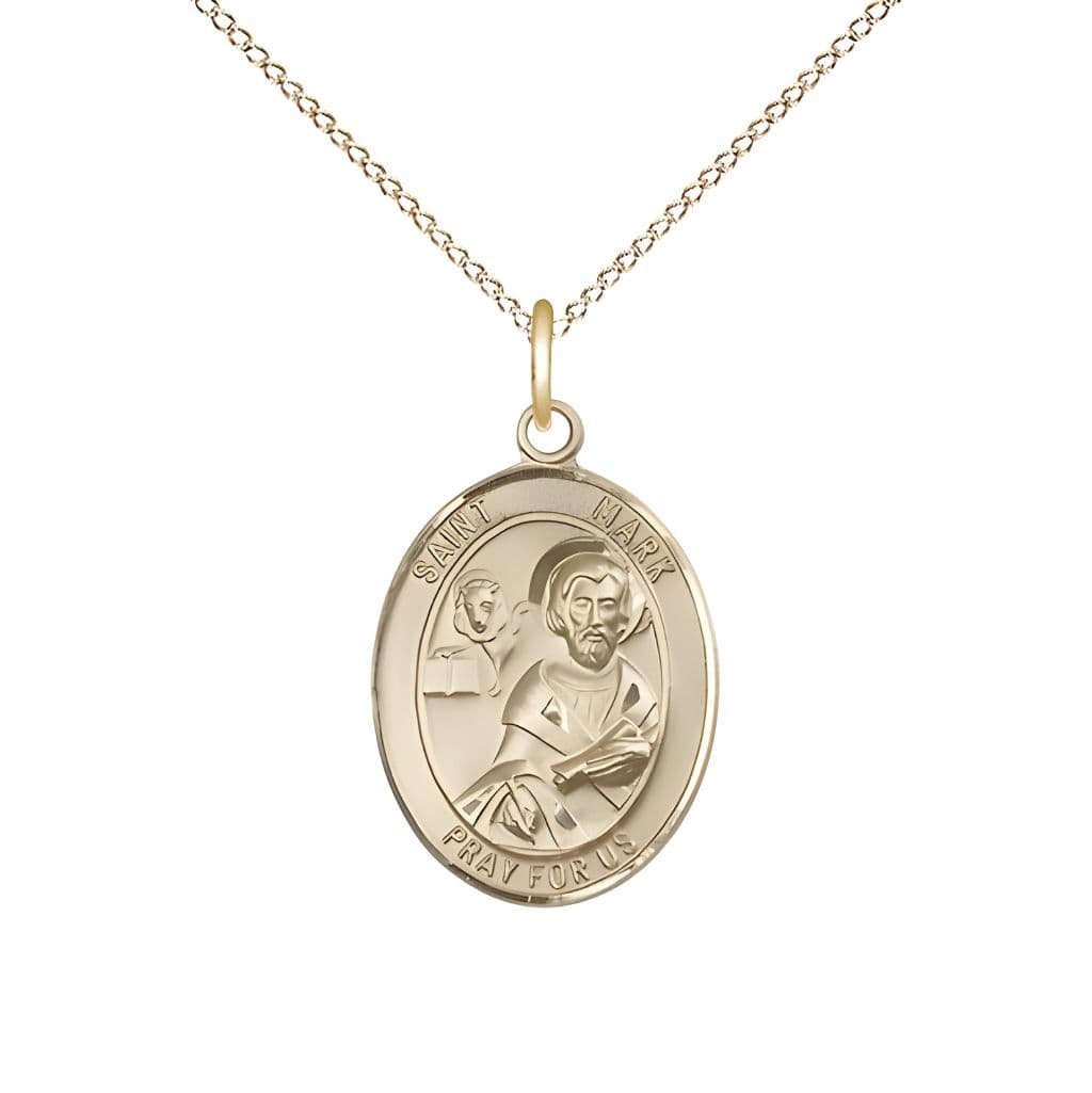 Bliss St. Mark the Evangelist 14kt Gold Oval Medal Pendant with 14kt Gold Chain, Measures 3/4-inch tall by 1/2-inch wide.