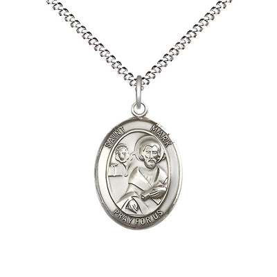 St. Mark the Evangelist Pewter Oval Medal Pendant with Rhodium-plated Chain, Measures 3/4-inch tall by 1/2-inch wide, Bliss Manufacturing
