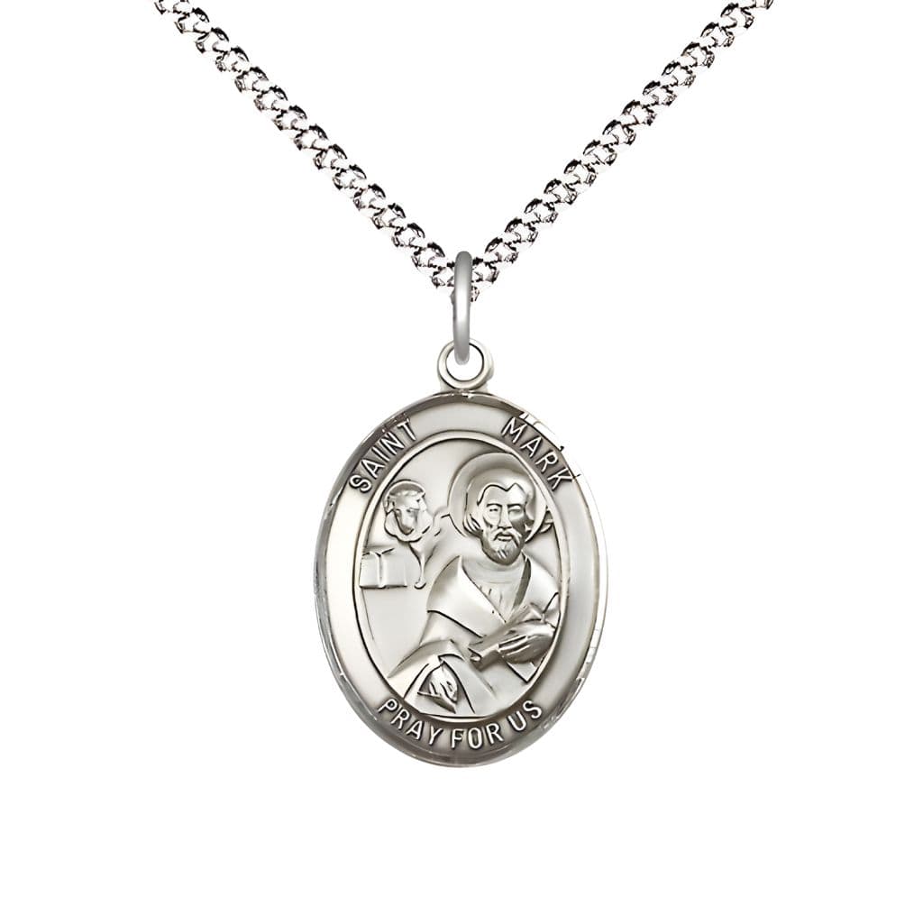 Bliss St. Mark the Evangelist Sterling Silver Oval Medal Pendant with Rhodium-plated Chain, Measures 3/4-inch tall by 1/2-inch wide.