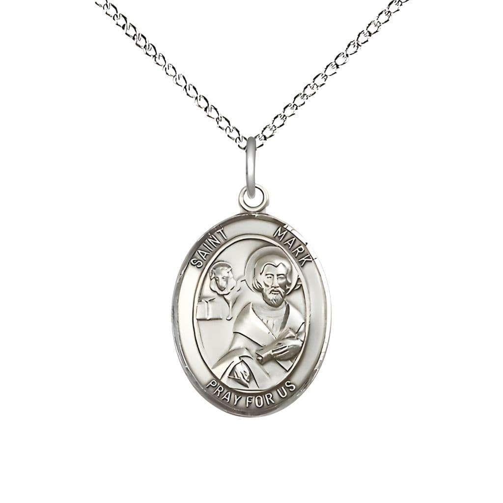 Bliss St. Mark the Evangelist Sterling Silver Oval Medal Pendant with Sterling Silver Chain, Measures 3/4-inch tall by 1/2-inch wide.
