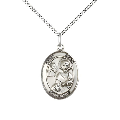 St. Mark the Evangelist Sterling Silver Oval Medal Pendant with Sterling Silver Chain, Measures 3/4-inch tall by 1/2-inch wide, Bliss Manufacturing