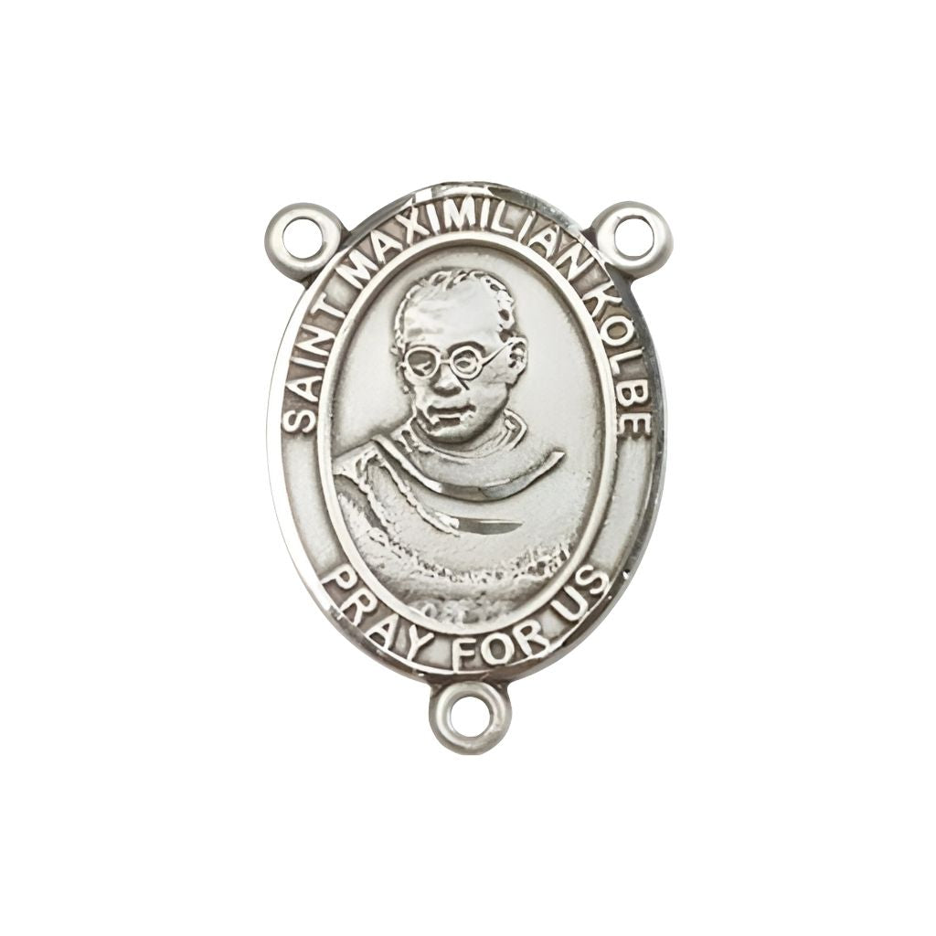 Bliss St. Maximilian Kolbe Engravable Silver Rosary Centerpiece, 3/4-inch