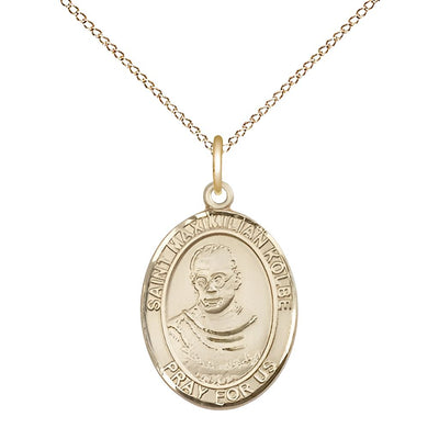 St. Maximilian Kolbe 14kt Gold Oval Medal with 14kt Gold Chain, Size 3/4-inch, Bliss Manufacturing