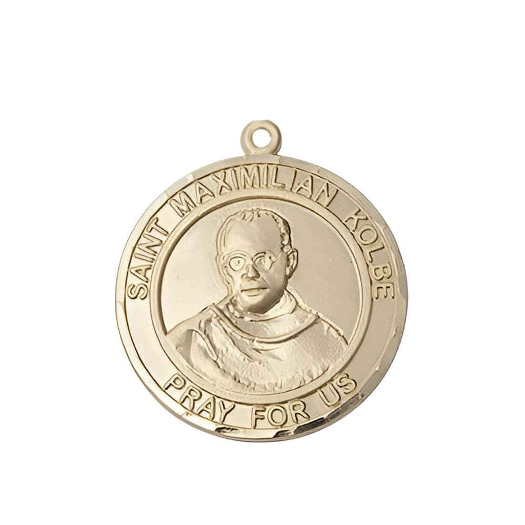 St. Maximilian Kolbe 14kt Gold Round Medium Medal, Size 3/4-inch,
