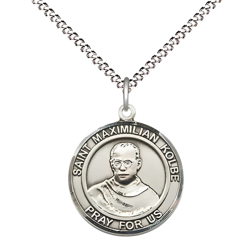 St. Maximilian Kolbe Sterling Silver Round Medium Medal Necklace with Plated Chain, Size 3/4-inch,