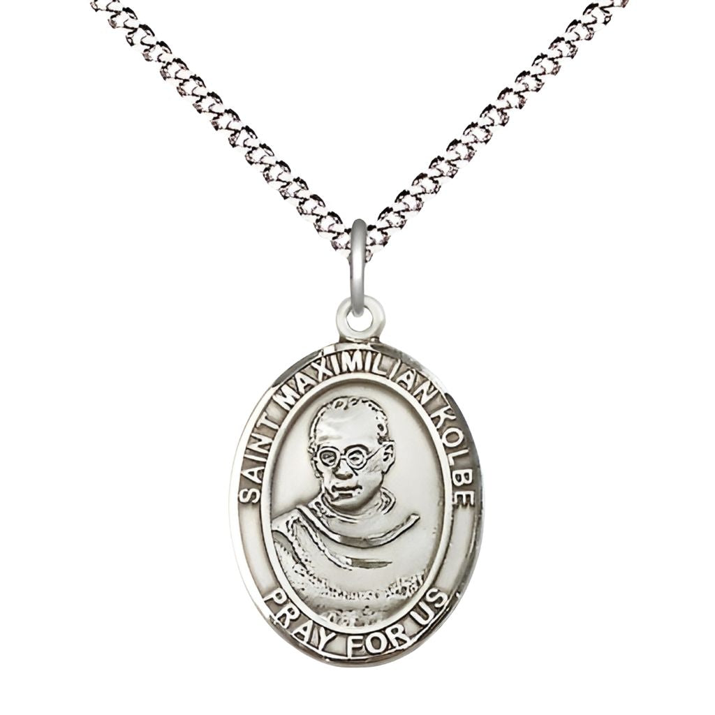 Bliss St. Maximilian Kolbe Sterling Silver Oval Medal with Rhodium-plated Chain, Size 3/4-inch,