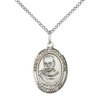 St. Maximilian Kolbe Sterling Silver Oval Medal with Sterling Silver Chain, Size 3/4-inch, Bliss Manufacturing