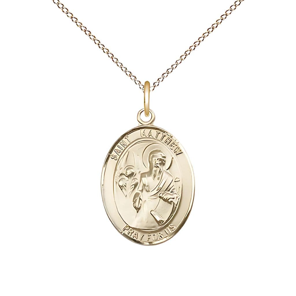 Bliss St. Matthew the Apostle 14kt Gold-filled Oval Medal with Gold-filled Chain, Measures 3/4-inch tall by 1/2-inch wide