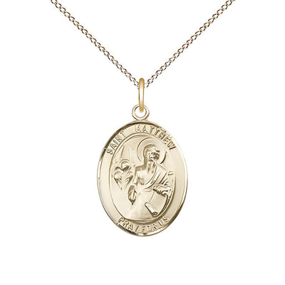 St. Matthew the Apostle 14kt Gold Oval Medal with 14kt Gold Chain Measures 3/4-inch tall by 1/2-inch wide, Bliss Manufacturing