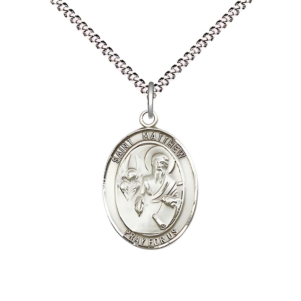 Bliss St. Matthew the Apostle Pewter Oval Medal with Rhodium-plated Chain, Measures 3/4-inch tall by 1/2-inch wide