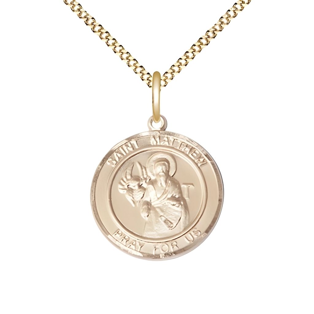 Bliss St. Matthew Round Gold-filled Round Engravable Medal with Gold-plated Chain, Medium 3/4-inch tall by 5/8-inch wide